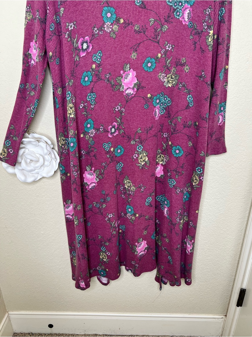 NTM: LuLaRoe Sarah Floral Duster Cardigan Large Pink Ribbed Open Front Pocketed - Picture 11 of 13